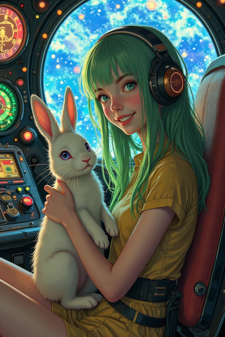 A retro-styled spaceship interior with a girl with green hair and pale skin holding a cute bunny. She is mid-action,  smil...
