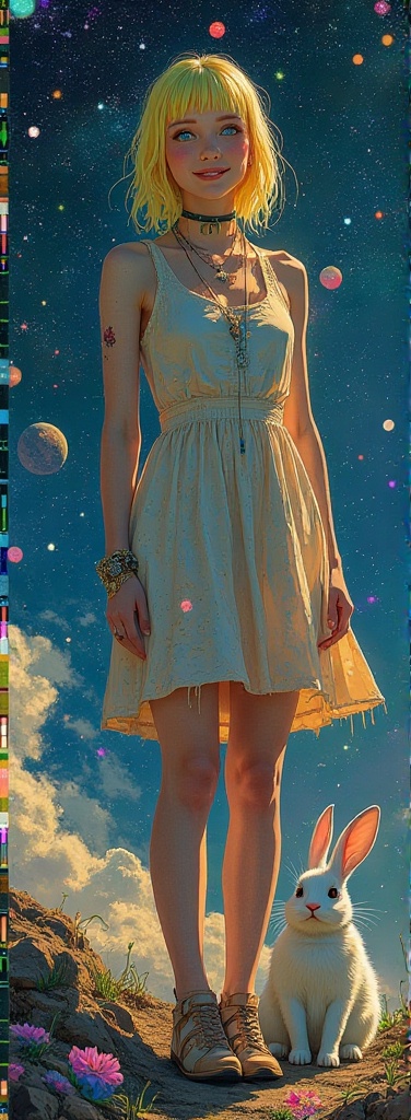 A cosmic-themed,  avant-garde scene with a woman standing static,  wearing a dress and yellow-blue hair. She is smiling ch...