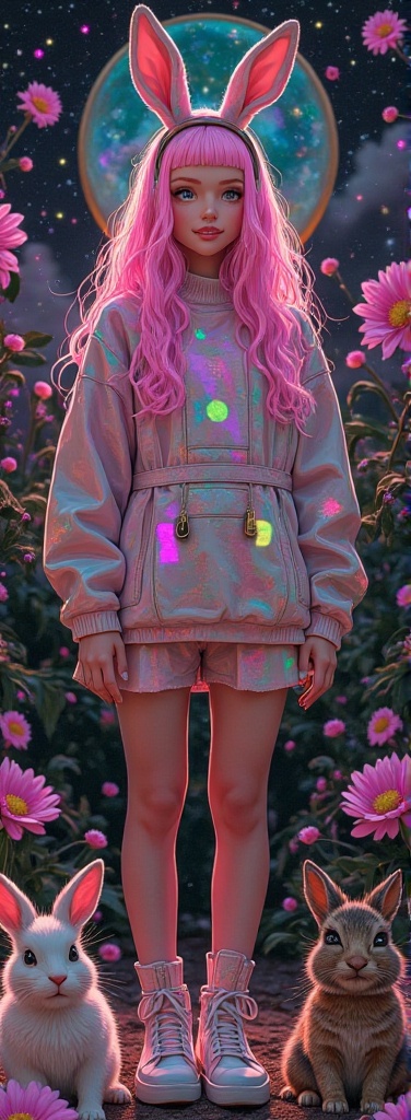 A cosmic-themed,  avant-garde scene with an Aquarius girl standing static,  with pink on Tensor.Art