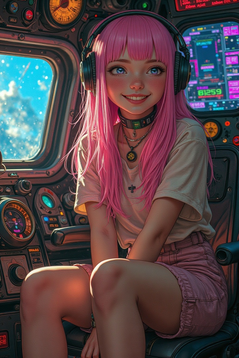 A cheeky girl with pink hair in a retro-styled spaceship interior. She is mid-action,  smiling mischievously,  with a play...