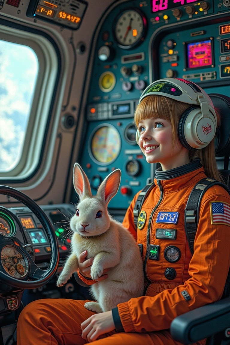 A retro-styled spaceship interior with an Aquarius horoscope theme. A charming astronaut is mid-action,  smiling playfully...