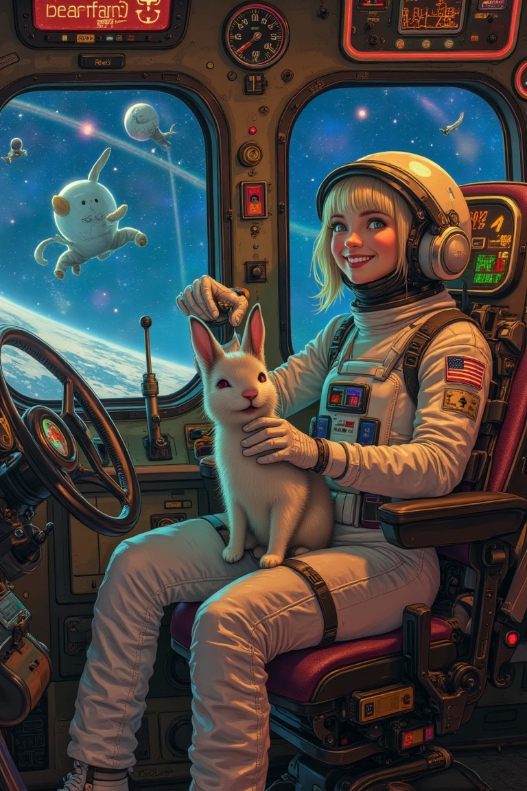 A retro-styled spaceship interior with an Aquarius horoscope theme. A charming astronaut is mid-action,  smiling playfully...
