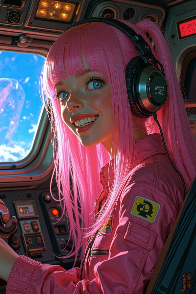 A cheeky girl with pink hair in a retro-styled spaceship interior. She is mid-action,  smiling mischievously,  with a play...