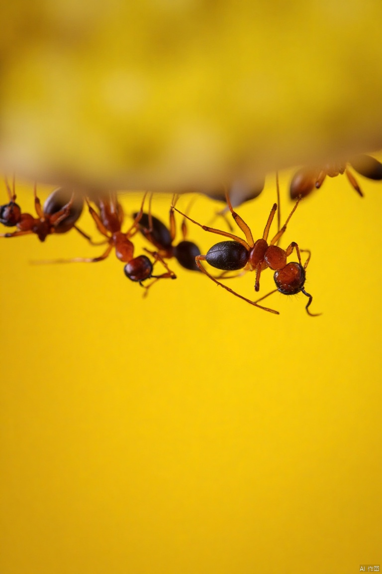 a close-up shot captures a group of red ants hanging from a branch. The ants have long

slender legs

a dark brown body

and four legs. Their heads are pointed towards the left side of the frame

and their bodies are a dark red color. The background is blurred

with a yellowish hue

adding a pop of color to the scene.

