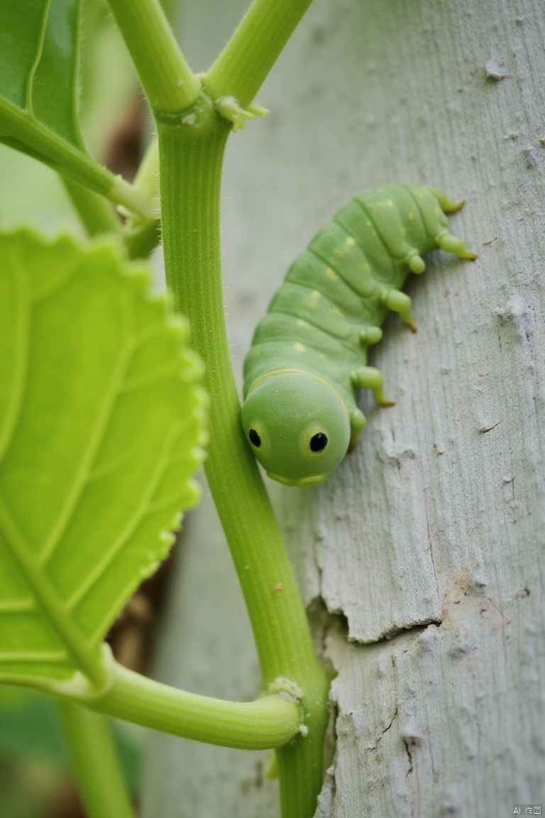 A close-up view of a green caterpillar crawling on a tree trunk. The caterpillar's body is a vibrant shade of green, and its head is facing the right side of the frame. Its eyes are a darker shade of black, and it has two small holes in the center of it. The tree trunk is a light gray color, with a rough texture. The background is blurred, and the leaves of the tree trunk are a verdant green.