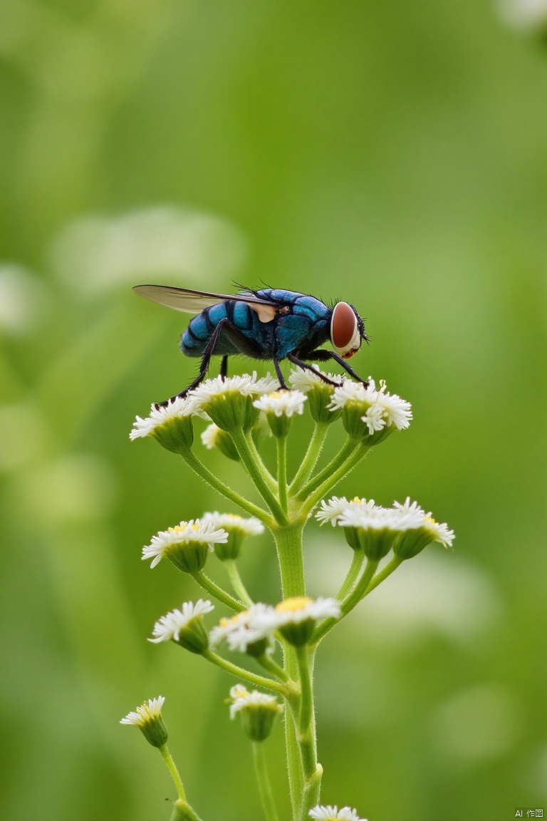 TTTXXX,A close-up shot of a blue housefly perched on a white flower. The housefly is facing the right side of the frame, its wings are spread out to the sides. Its body is a vibrant blue, with a black stripe running down its center. The fly's eyes are a bright orange, and the fly's legs are a darker black. The flower is a verdant green, with small white petals. The background is blurred, but it is greenery.