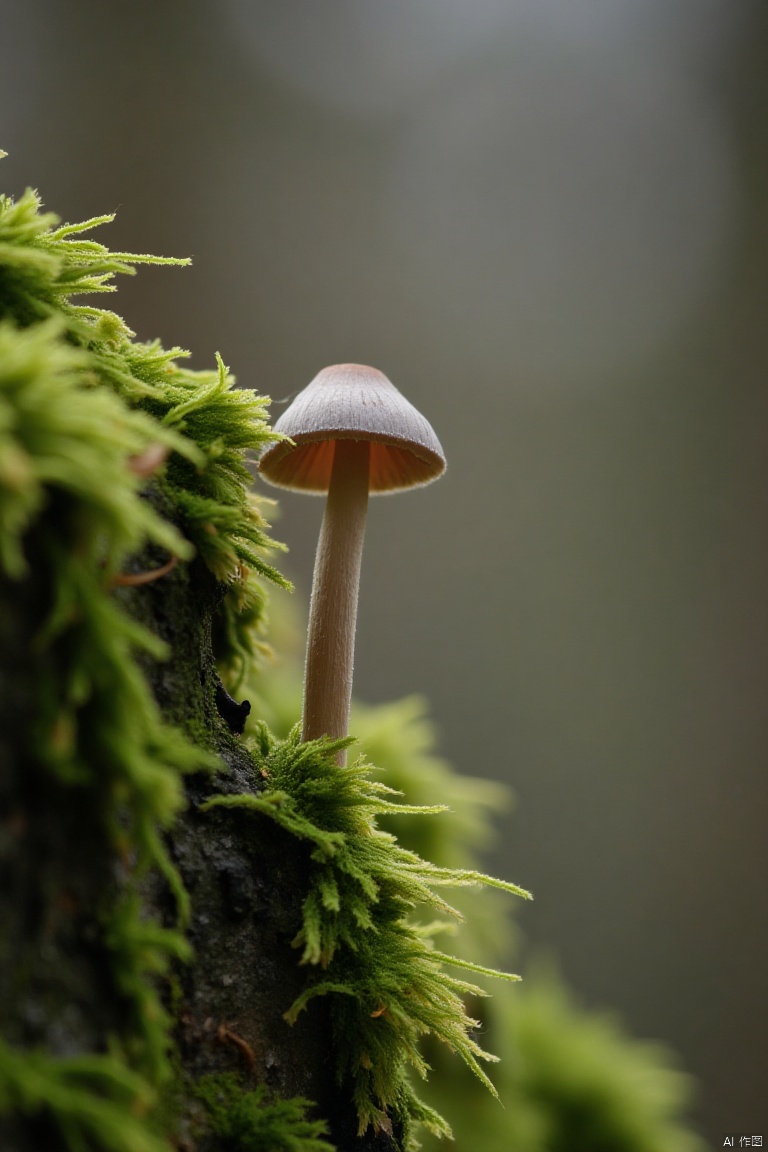 A close-up shot of a white and brown mushroom on a tree branch. The stem of the mushroom is a light brown color. The mushroom is facing the left side of the image. The background is blurred out of focus. The tree branch is covered in green moss.