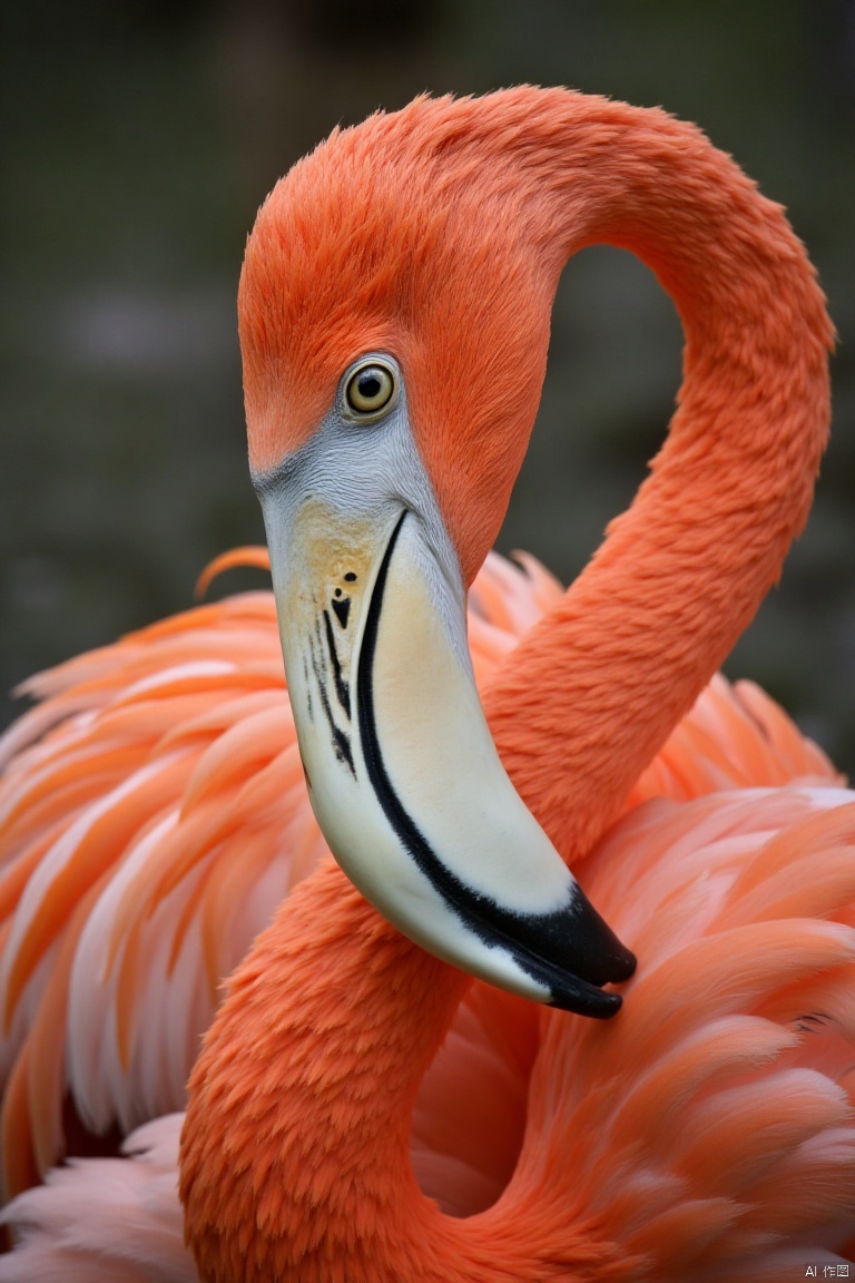 A close-up view of a flamingo's head and neck. The flamingo is facing the left side of the frame, its beak is white with a black stripe going down the middle of it. The bird's eyes are a light brown color, and the bird's neck is a vibrant shade of orange. The background is blurred, but it is out of focus.