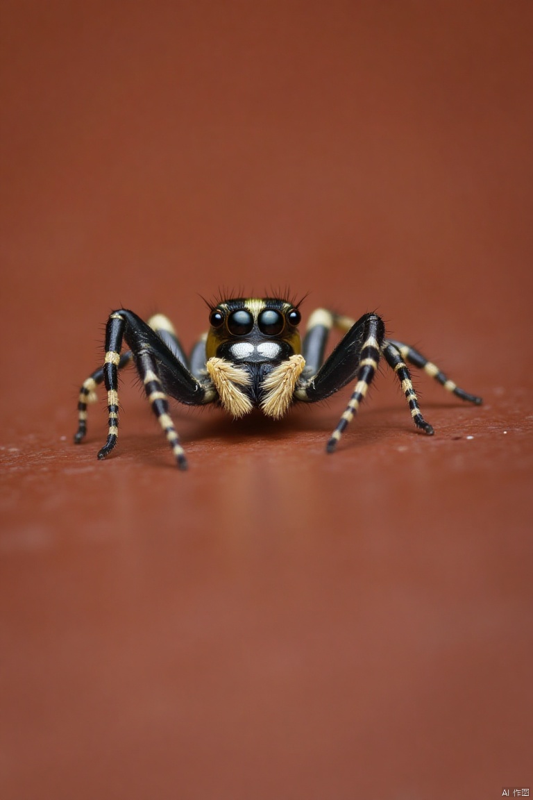 A close-up shot of a black and white spider on a brown surface. The background is blurred, but it appears to be a reddish-brown hue. The spider's eyes are wide open, and it's body is covered in black, white, and yellow stripes. The legs of the spider are spread out, and the spider's head is positioned in the center of the frame.,TTTXXX