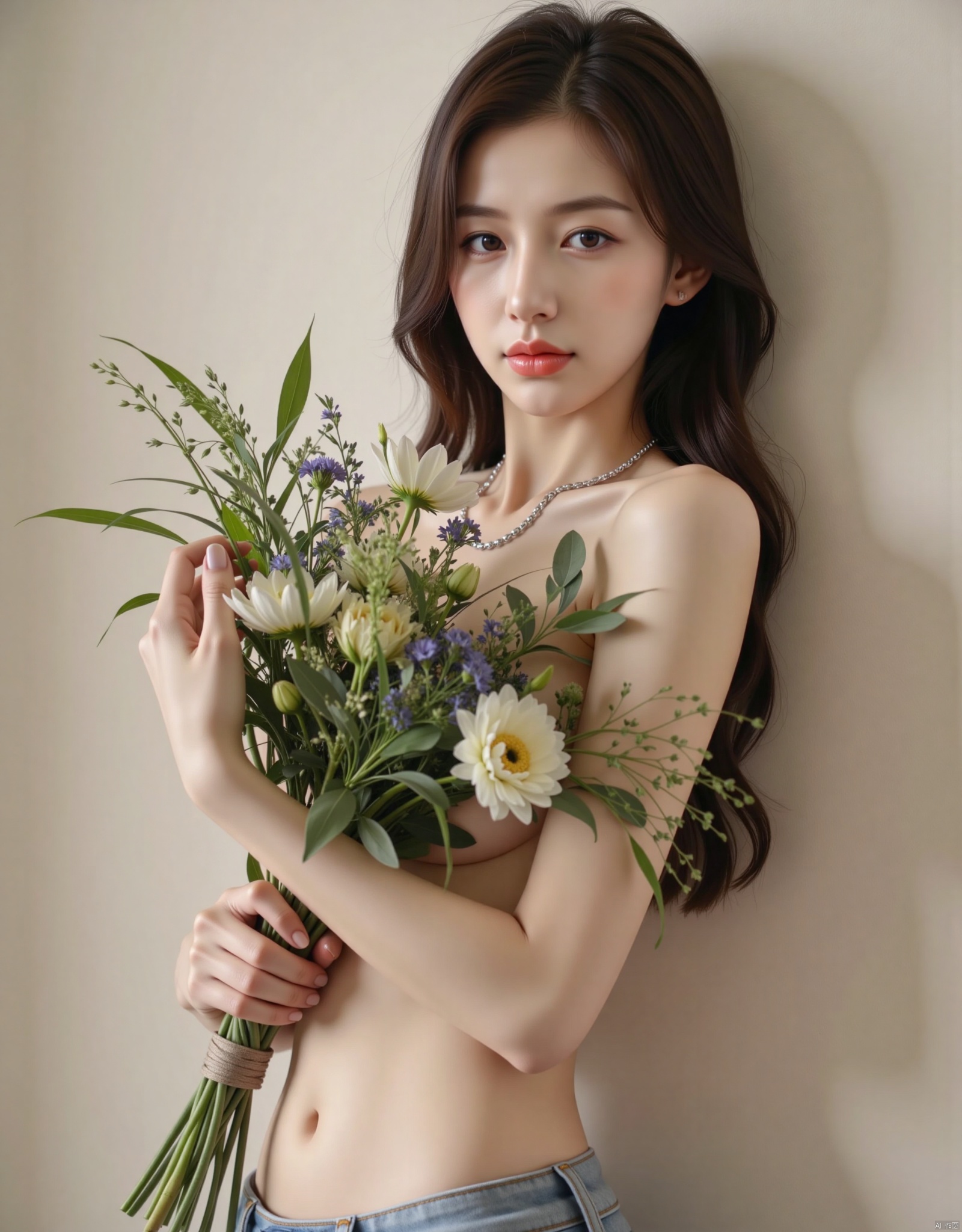 1 girl, solo, long hair, brown hair, belly button, shirtless, holding a bouquet of flowers with both hands to cover her body, revealing the edge of her underwear, waist chain, pants, lips, denim shorts, sideways, leaning against the wall, realistic