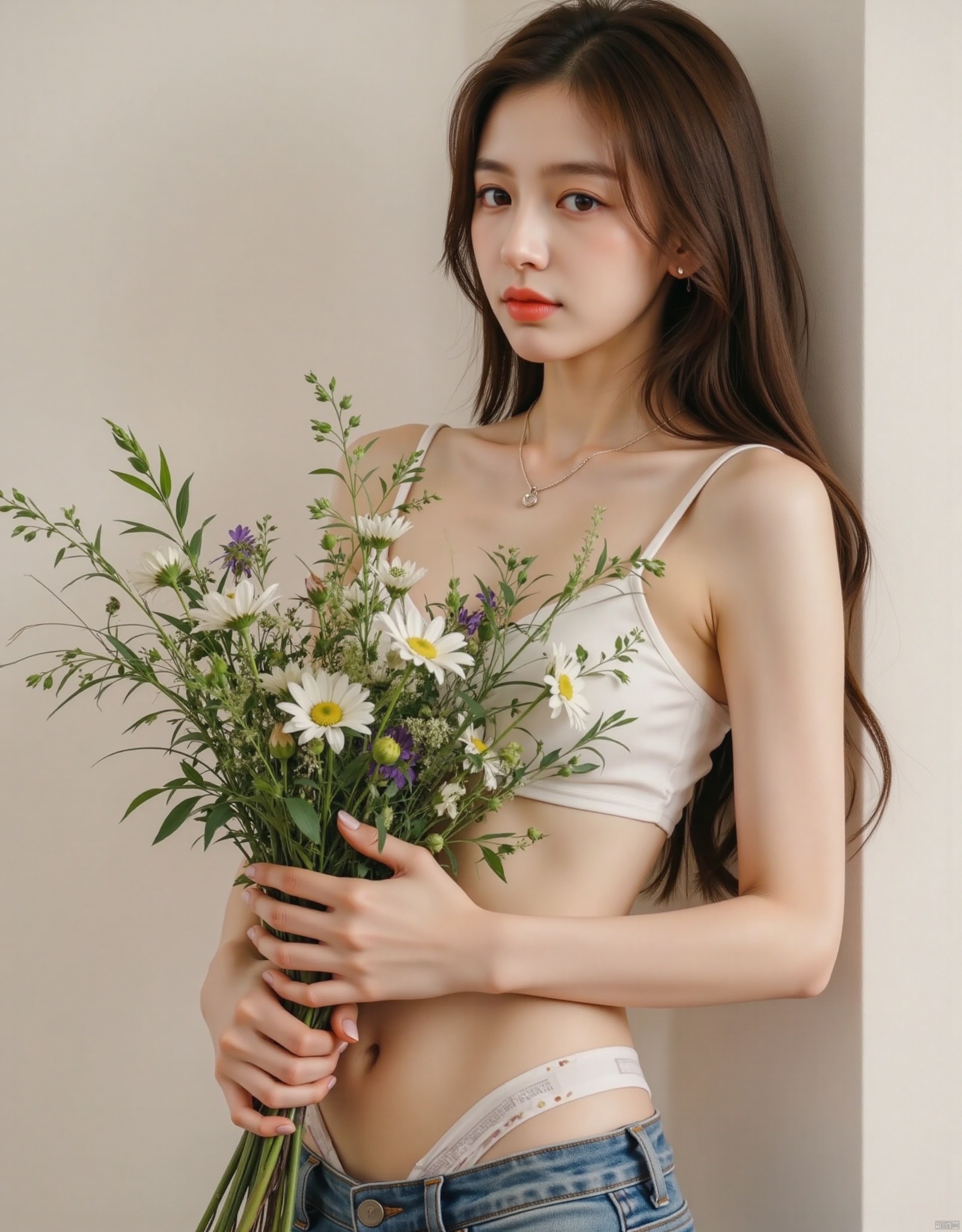 1 girl, solo, long hair, brown hair, belly button, shirtless, holding a bouquet of flowers with both hands to cover her body, revealing the edge of her underwear, waist chain, pants, lips, denim shorts, sideways, leaning against the wall, realistic