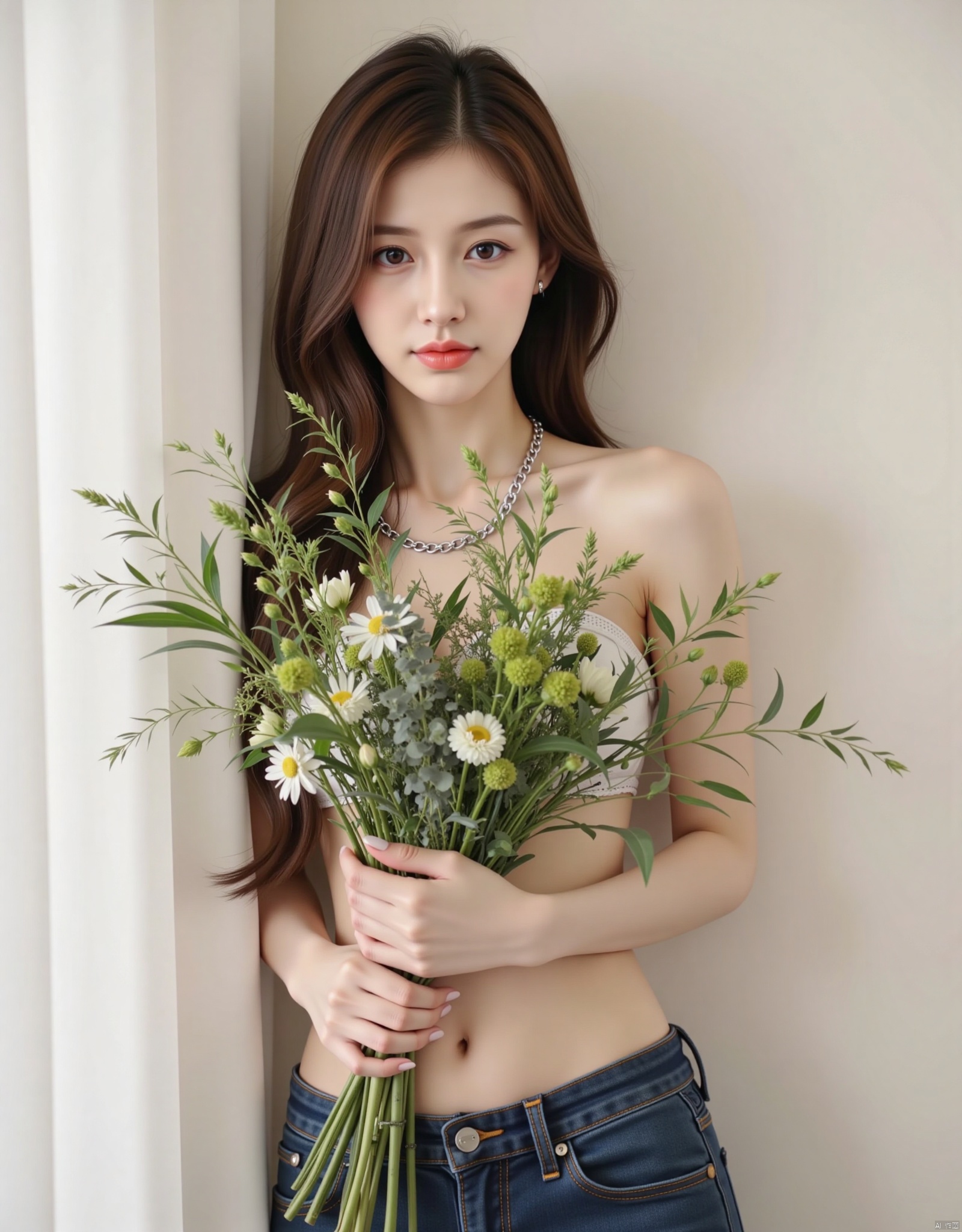 1 girl, solo, long hair, brown hair, belly button, shirtless, holding bouquets with both hands to cover her body, underwear, waist chain, pants, lips, denim, jeans, leaning sideways against the wall, realistic