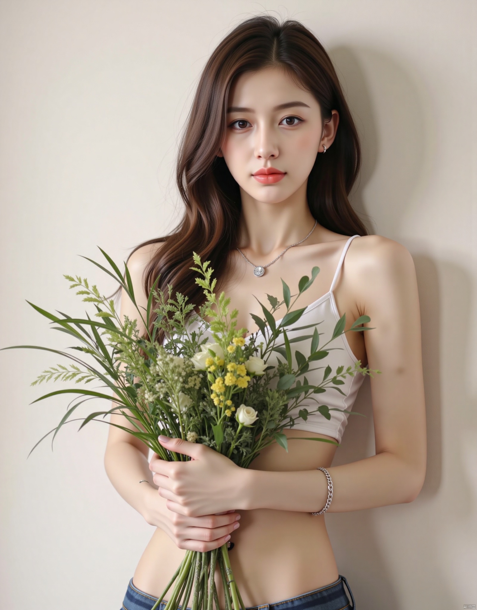 1 girl, solo, long hair, brown hair, belly button, shirtless, holding bouquets with both hands to cover her body, underwear, waist chain, pants, lips, denim, jeans, leaning sideways against the wall, realistic