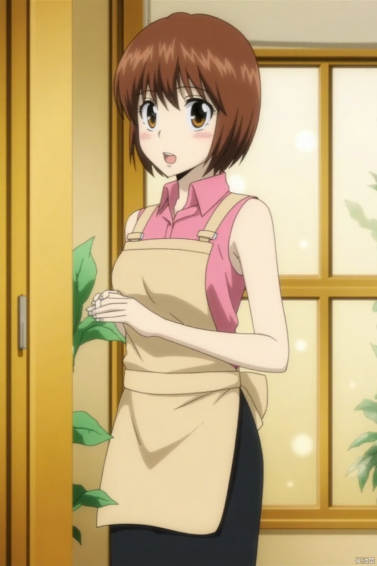,JTJS,
1girl, solo, short hair, open mouth, skirt, brown hair, shirt, brown eyes, sleeveless, indoors, apron, window, sleeveless shirt, bob cut, plant, pink shirt, door, potted plant