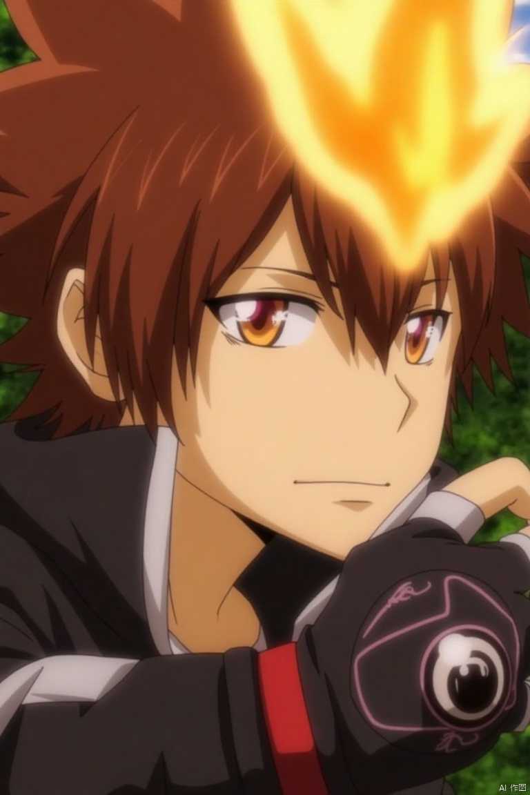 ,JTJS,
solo, brown hair, gloves, 1boy, brown eyes, upper body, male focus, fingerless gloves, glowing, fire, spiked hair