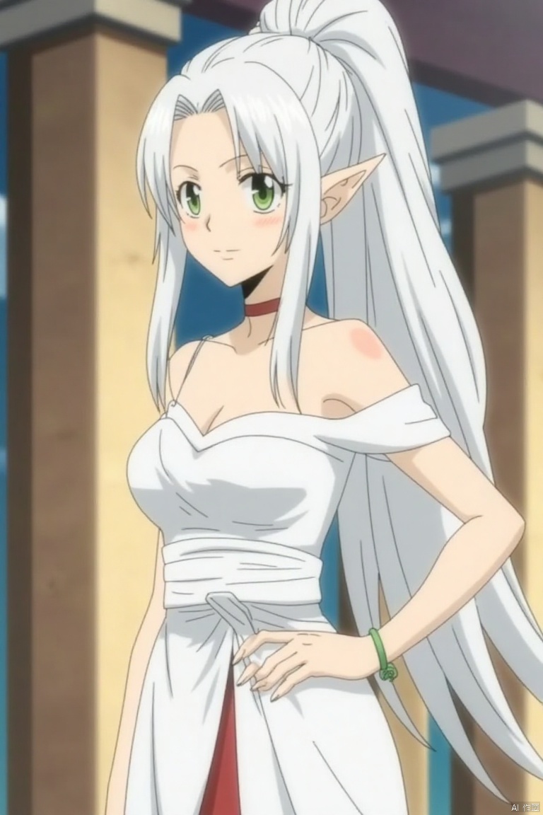 ,JTJS,
1girl, solo, long hair, breasts, looking at viewer, bangs, hair ornament, dress, cleavage, bare shoulders, jewelry, medium breasts, closed mouth, green eyes, standing, collarbone, full body, white hair, earrings, choker, pointy ears, off shoulder, white dress, bracelet, hand on hip, parted bangs, sash, elf, pelvic curtain, side slit, pillar, colum