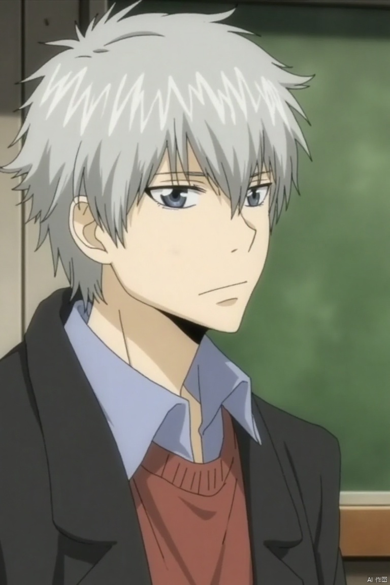 ,JTJS,
solo, looking at viewer, shirt, 1boy, upper body, grey hair, male focus, sweater, 