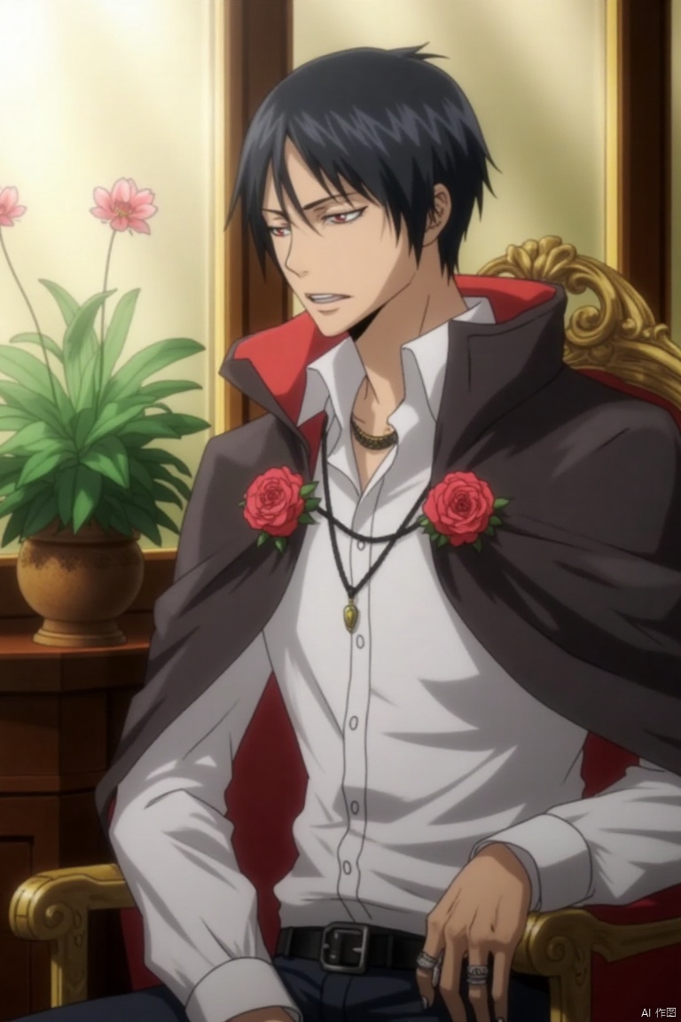 ,JTJS,
 (((Vampires))),Burns, burns,Pale skin, fangs, red pupils, black-red cloak, burns, solo, short hair, shirt, black hair, long sleeves, 1boy, jewelry, sitting, closed eyes, white shirt, upper body, flower, male focus, parted lips, day, collared shirt, indoors, necklace, lips, window, profile, chair, sunlight, plant,