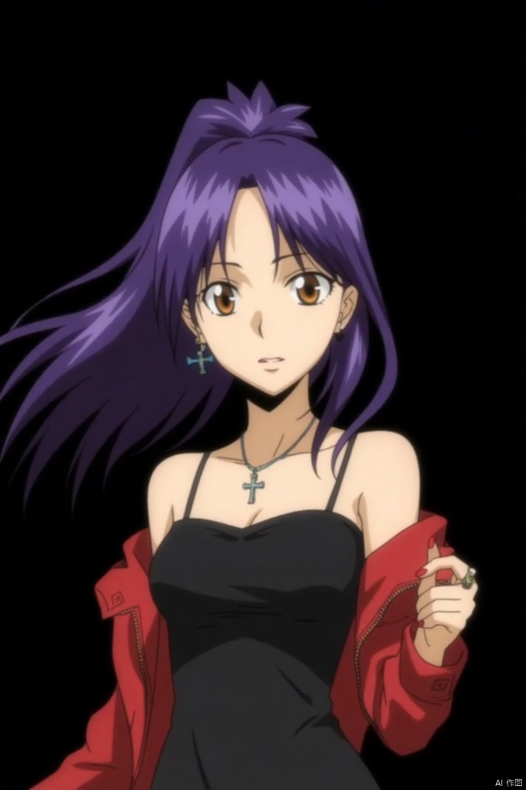 ,JTJS,
1girl, solo, long hair, breasts, simple background, dress, bare shoulders, brown eyes, jewelry, jacket, upper body, purple hair, earrings, parted lips, necklace, off shoulder, nail polish, black dress, floating hair, cross, black background, red nails, red jacket, cross necklace, katsuragi misato,Detective Conan Style