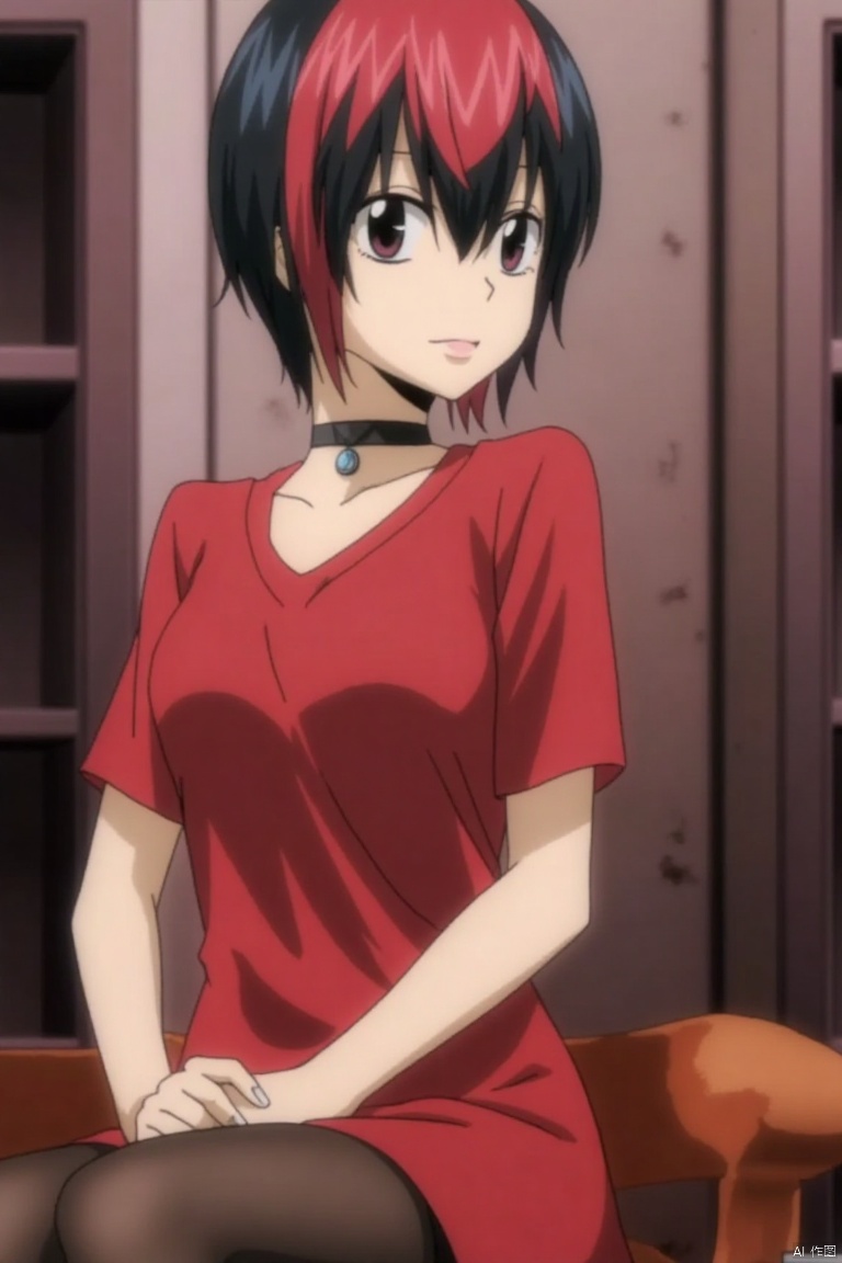 ,JTJS,
1girl, solo, breasts, looking at viewer, short hair, bangs, shirt, black hair, dress, jewelry, sitting, closed mouth, short sleeves, pantyhose, red hair, multicolored hair, earrings, choker, blurry, lips, see-through, blurry background, heterochromia, black choker, red dress, crossed legs