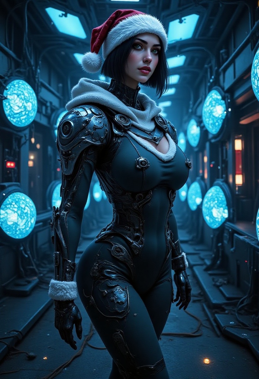 In a dimly lit,  alien cave,  a cyborg woman stands tall on Tensor.Art