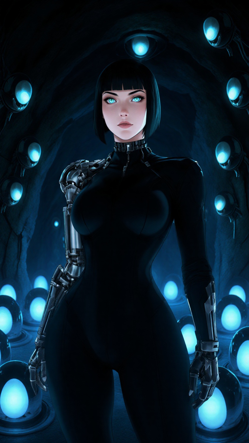 In a dimly lit,  alien cave,  a cyborg woman stands tall on Tensor.Art