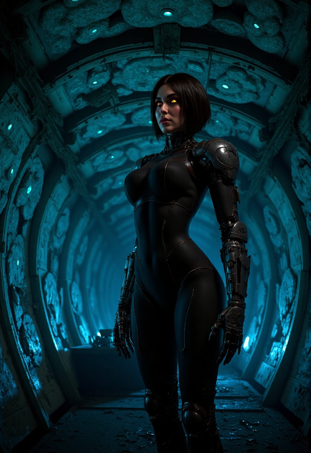 In a dimly lit,  alien cave,  a cyborg woman stands tall on Tensor.Art