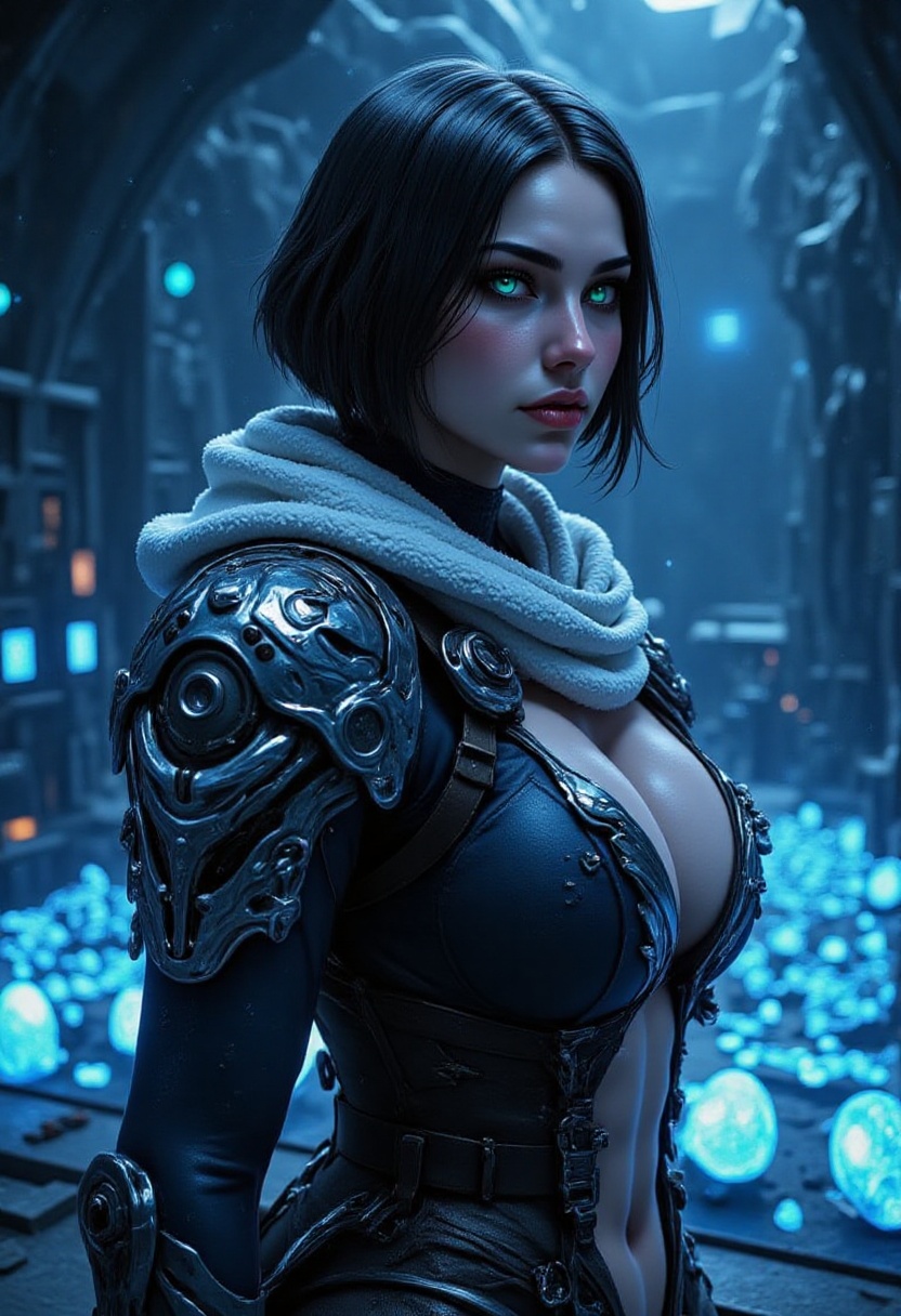 In a dimly lit,  alien cave,  a cyborg woman stands tall on Tensor.Art