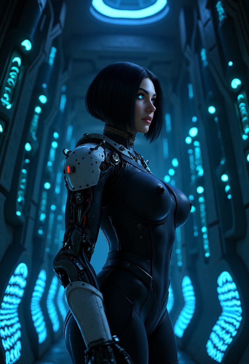 In a dimly lit,  alien cave,  a cyborg woman stands tall on Tensor.Art