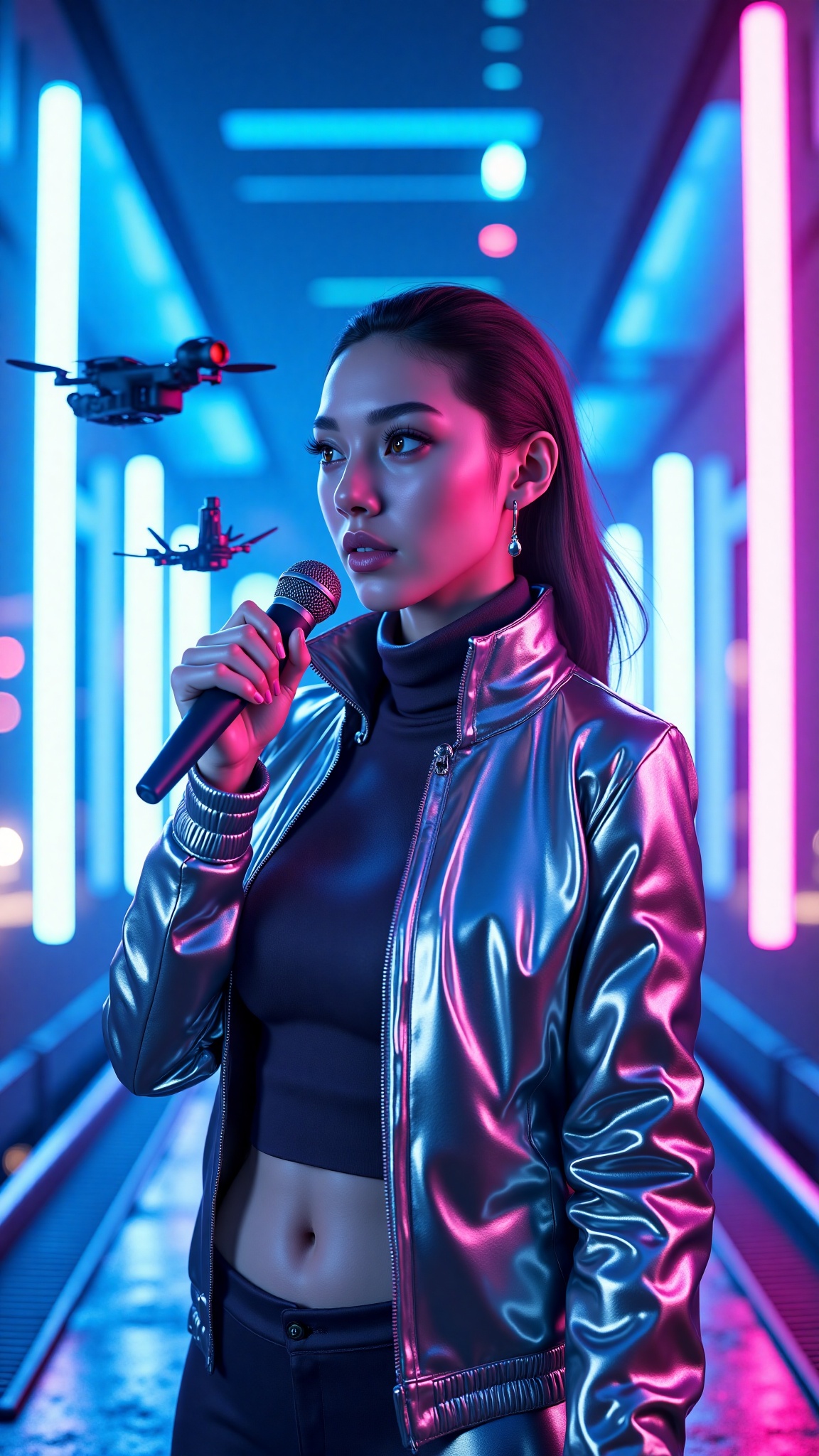 ultra-realistic image of a human female singer performing in a futuristic neon-lit city street,  holding a sleek high-tech...