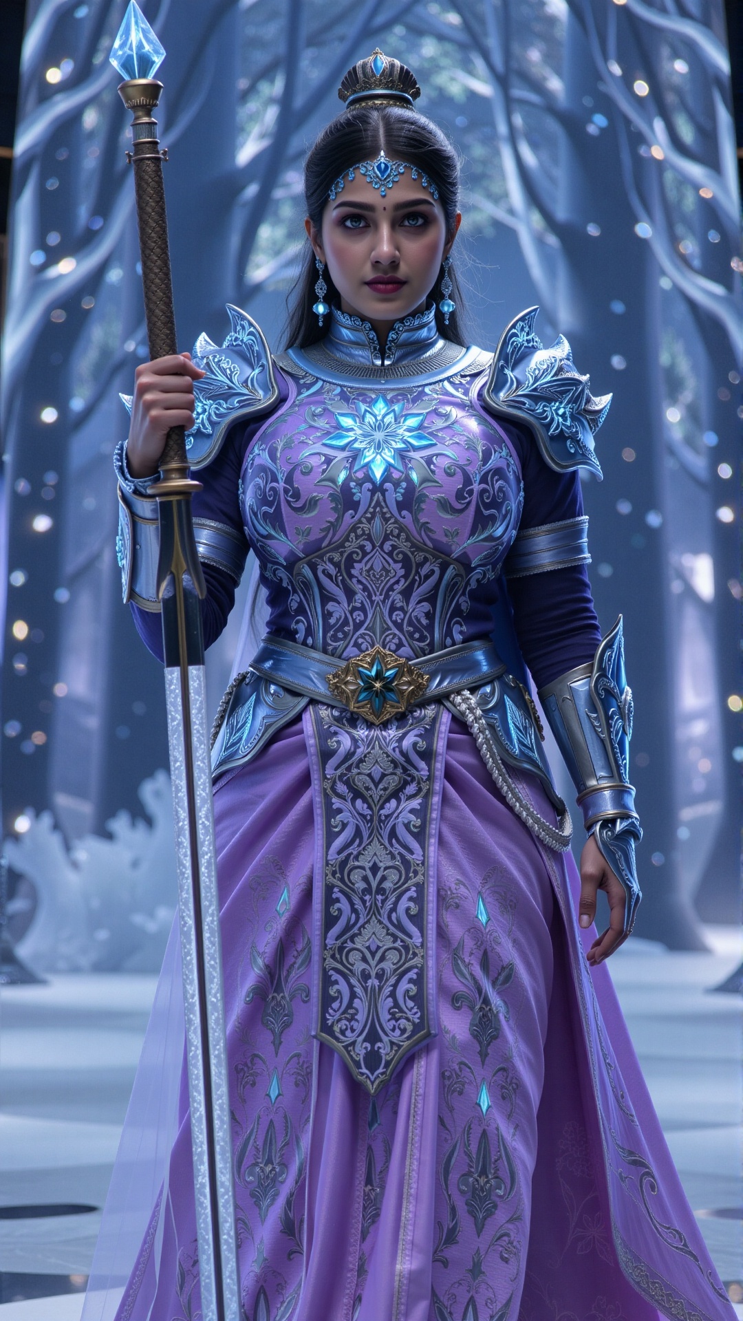 A majestic noble swordswoman,  clad in intricate glass-like armor saree,  stands at the edge of a glowing forest. ice powe...
