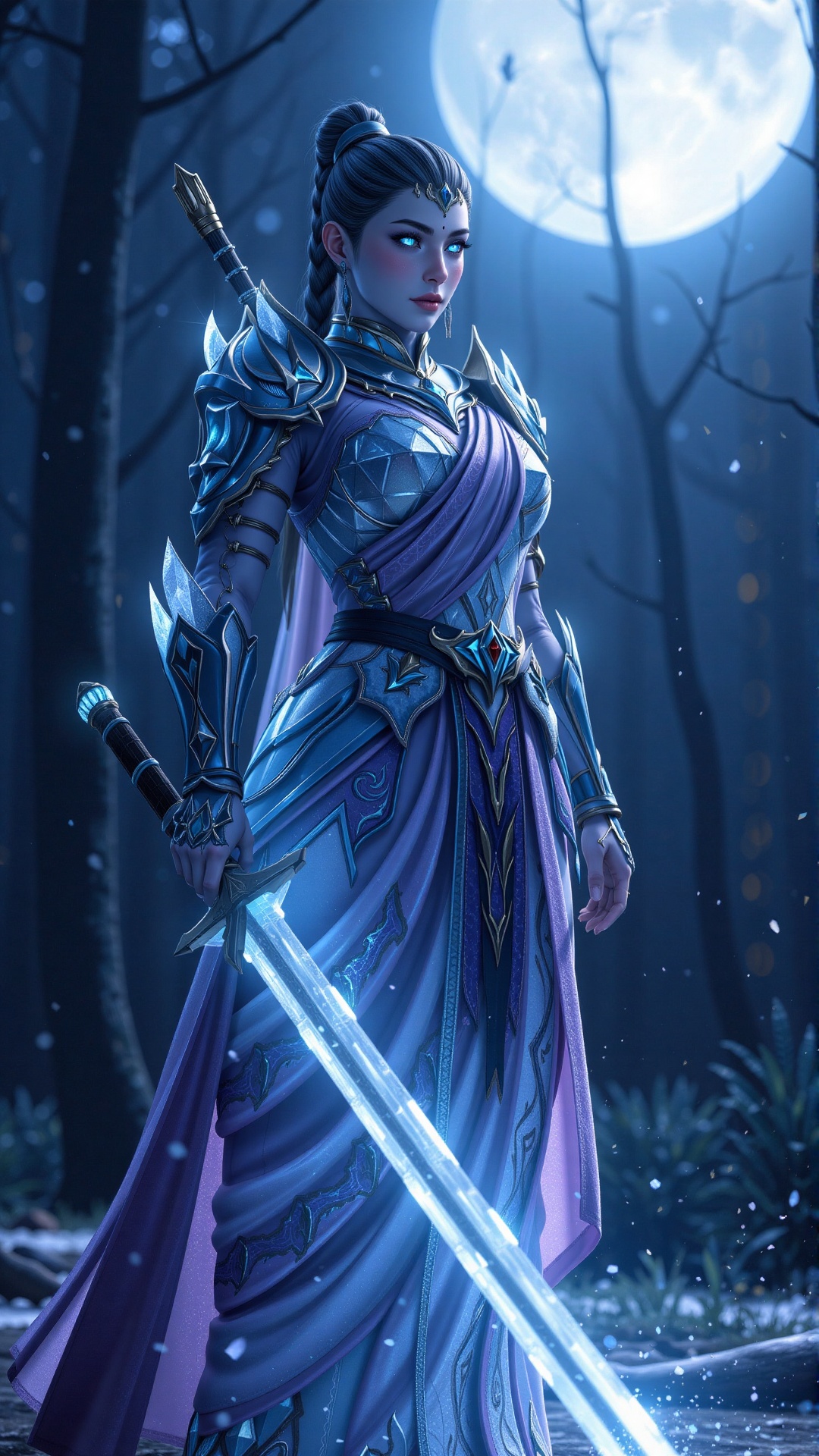 A majestic noble swordswoman,  clad in intricate glass-like armor saree,  stands at the edge of a glowing forest glade und...