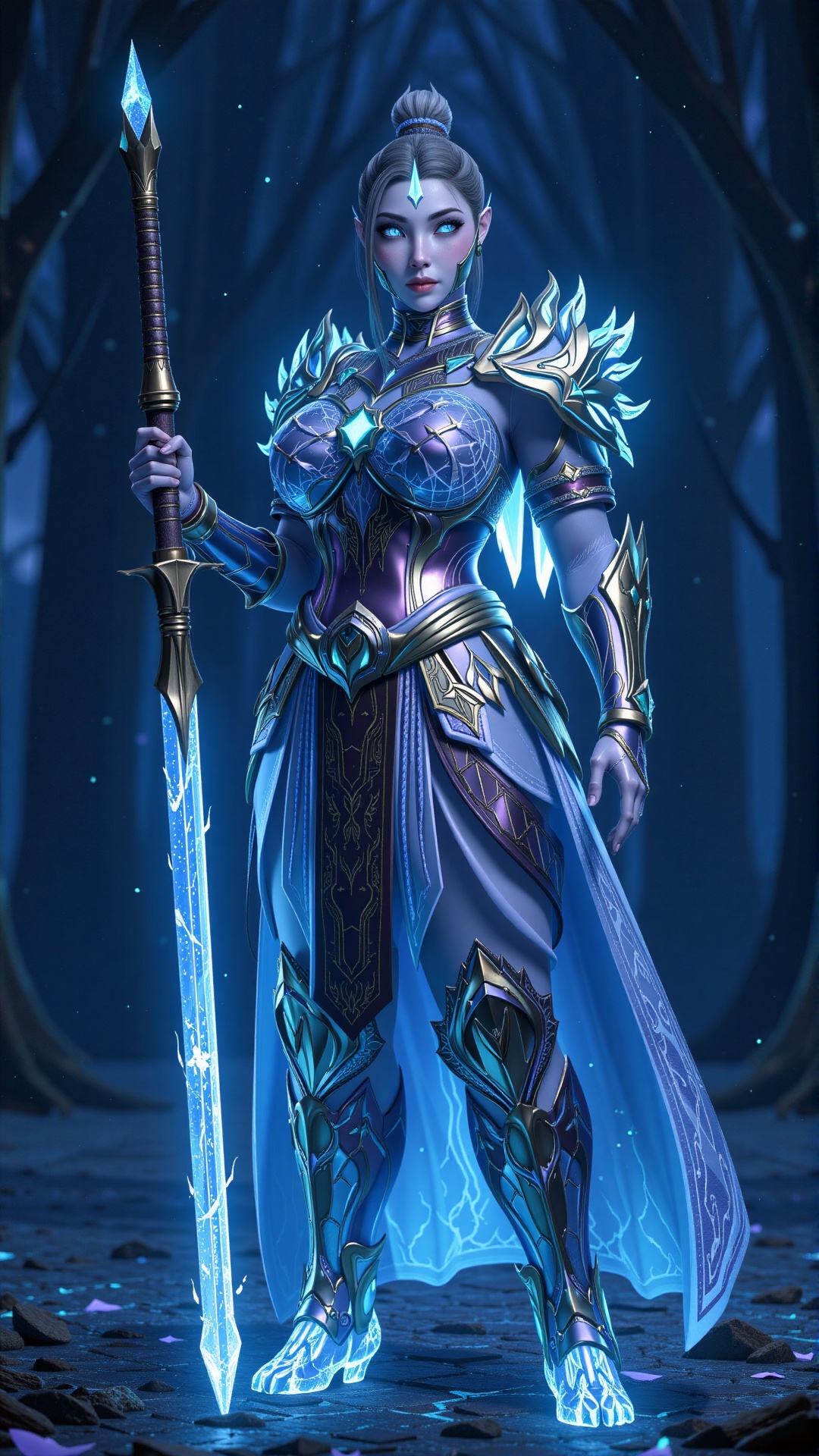 A majestic noble swordswoman,  clad in intricate glass-like armor saree,  stands at the edge of a glowing forest. ice powe...
