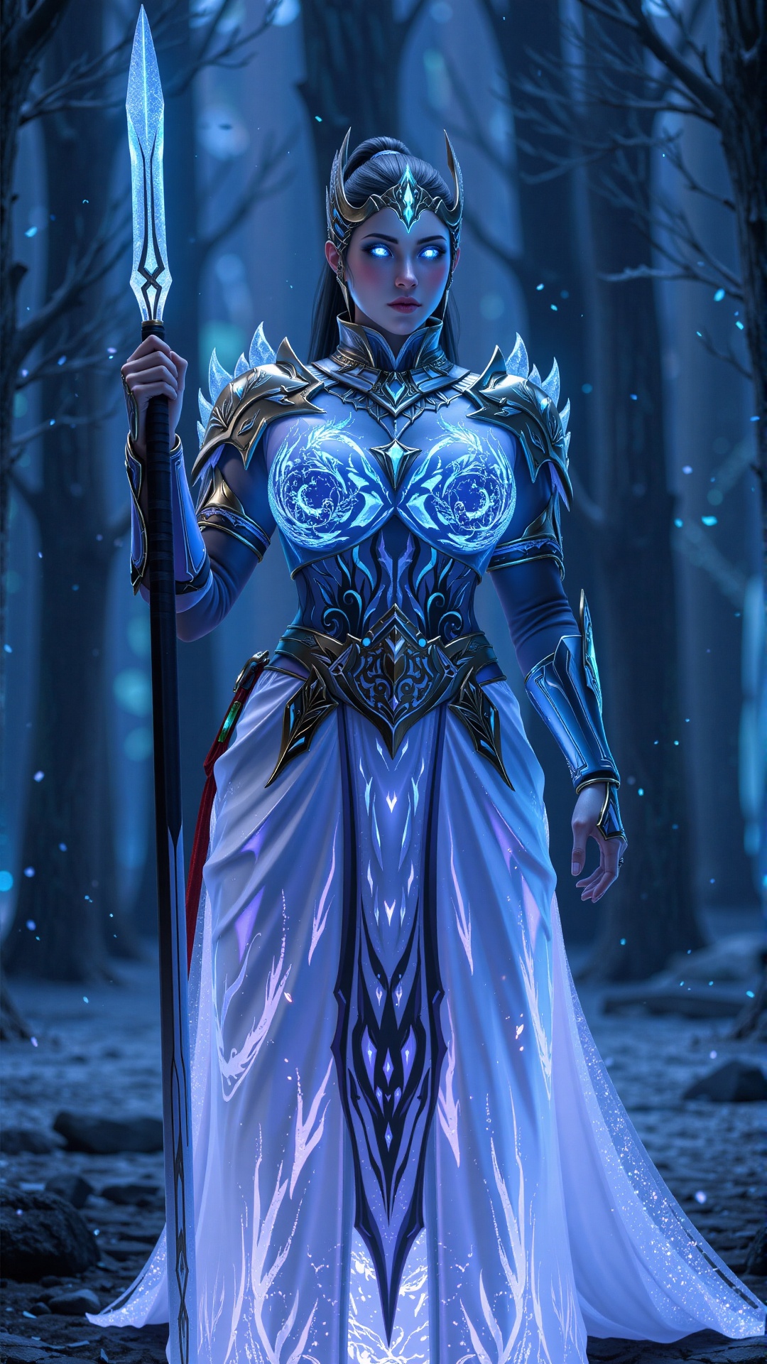 A majestic noble swordswoman,  clad in intricate glass-like armor saree,  stands at the edge of a glowing forest. ice powe...