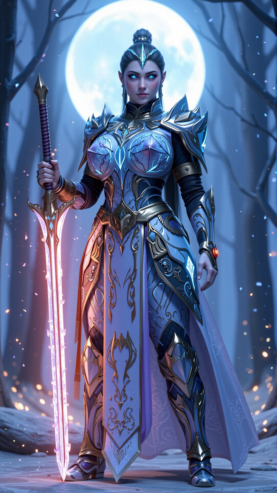 A majestic noble swordswoman,  clad in intricate glass-like armor saree,  stands at the edge of a glowing forest. ice powe...
