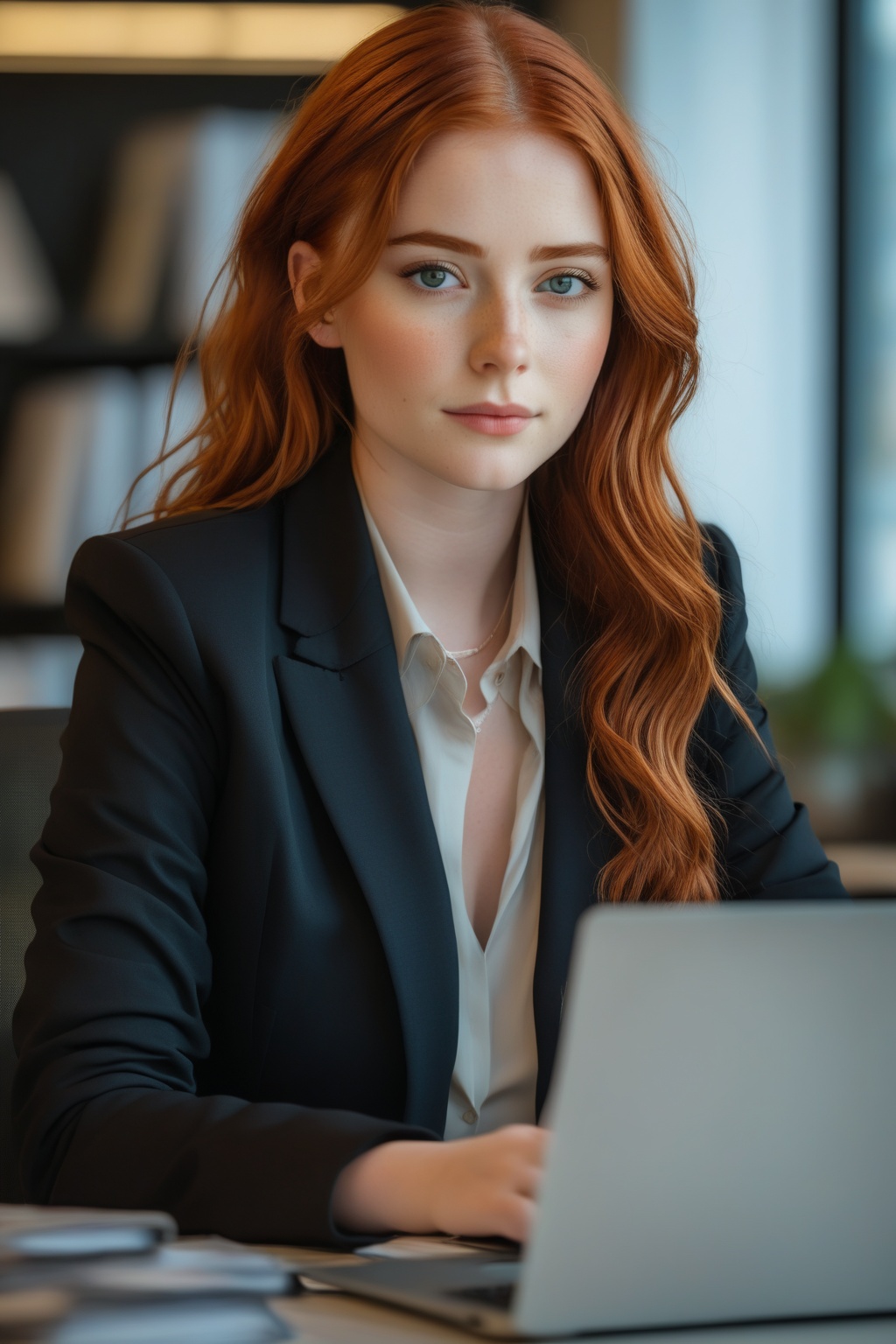In this photograph,  we witness a moment in the workday of a young woman with striking red hair,  her eyes a clear blue an...