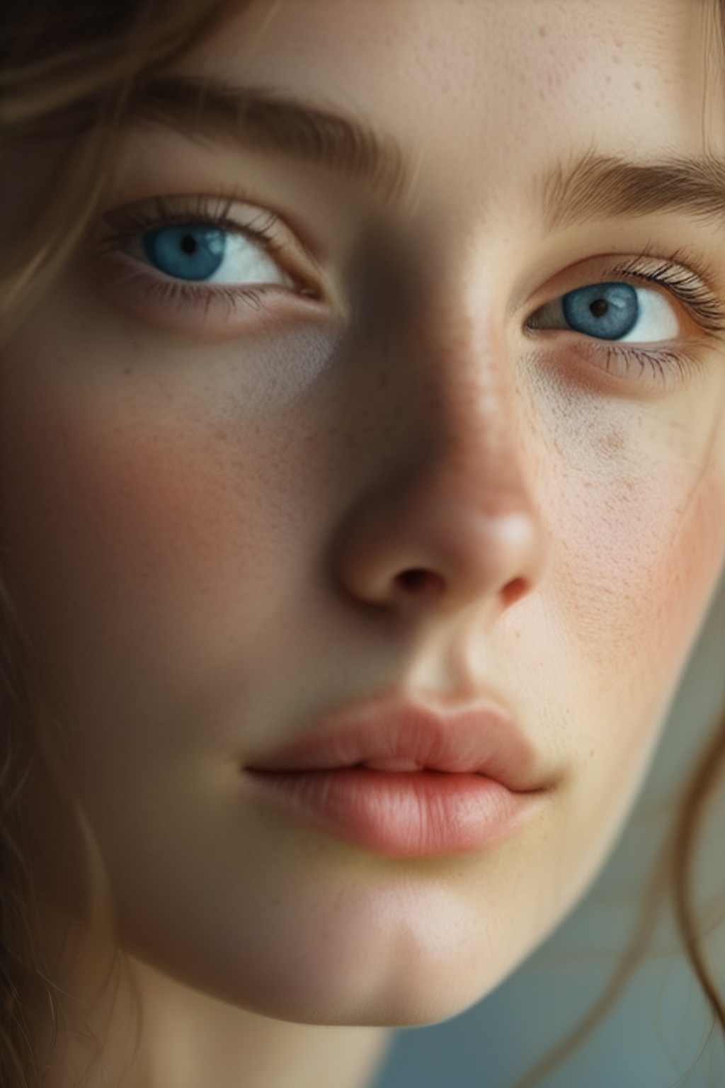 The close-up portrait captures a young woman's compelling gaze,  emphasizing her vivid blue eyes and the details of her su...