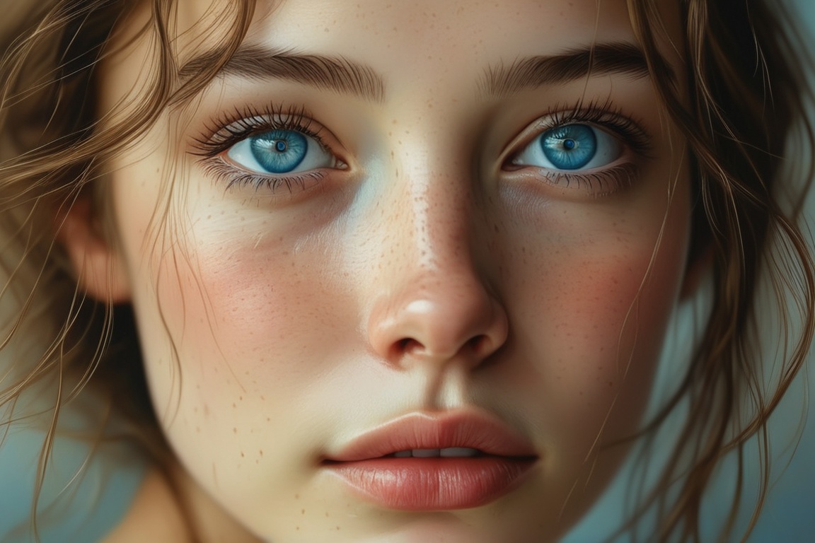 This captivating portrait features a close-up of a young woman's face,  highlighting her vivid blue eyes,  which express d...