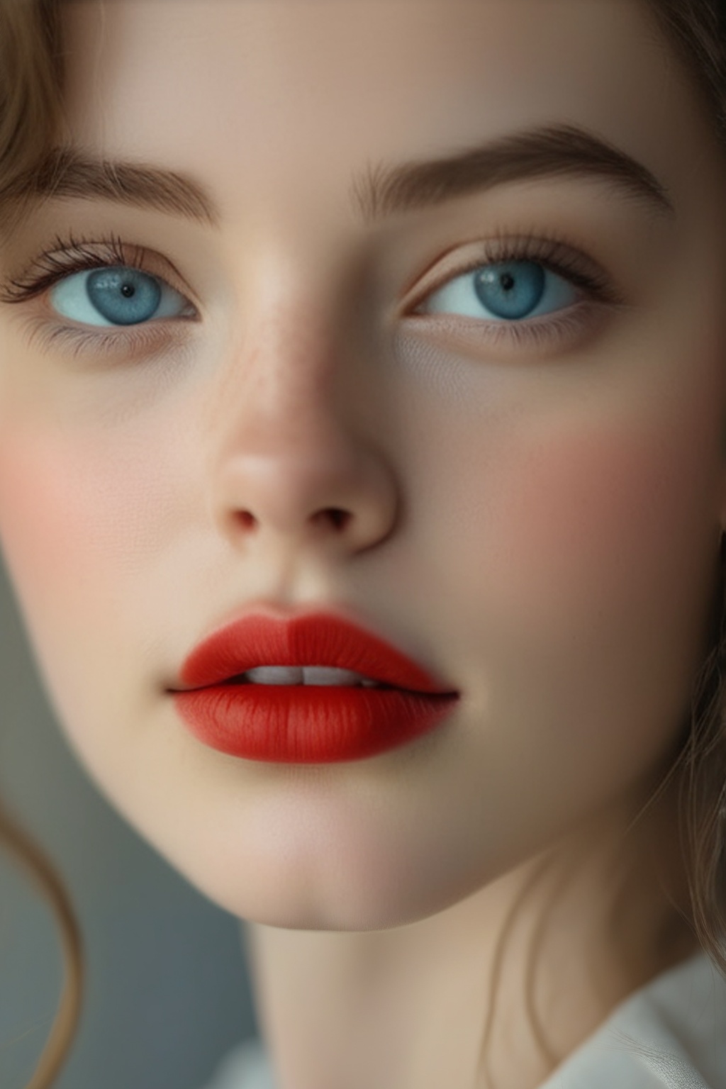 A stunning close-up portrays a young woman whose gaze is both serene and penetrating. Her blue eyes,  accented with subtle...
