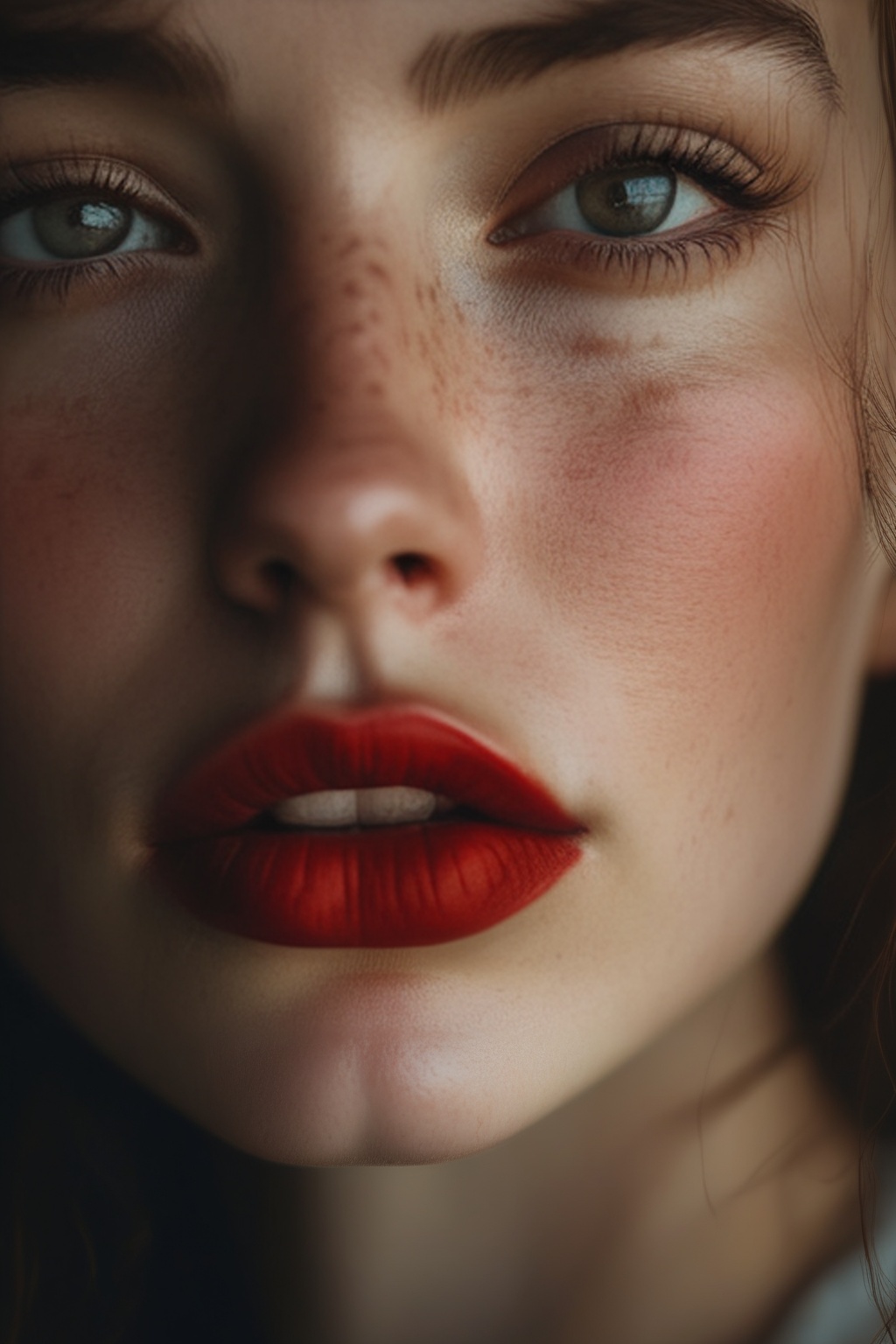 This striking close-up portrait captures a moment of profound intensity and beauty. The woman's piercing gaze draws you in...