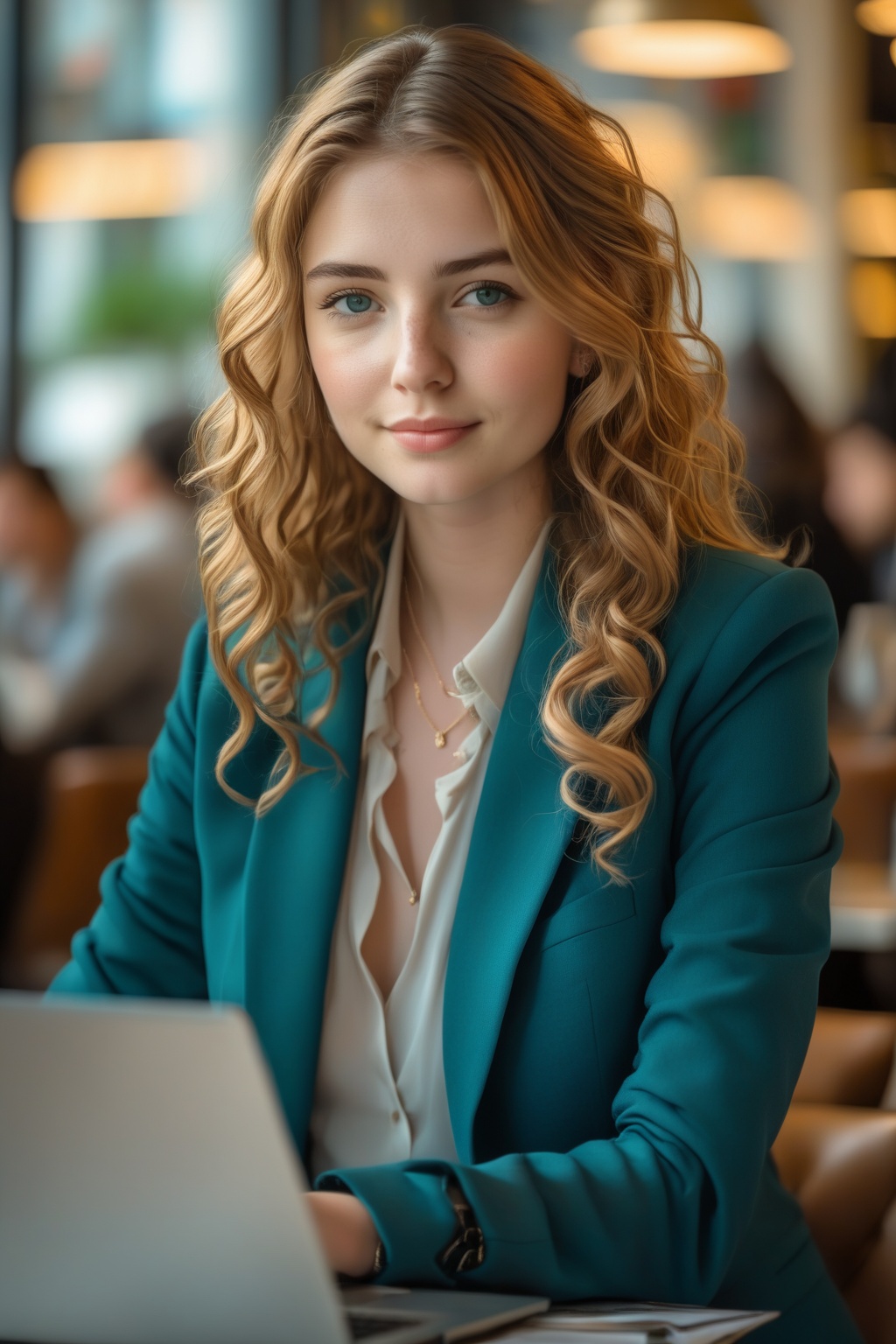 In the warm,  ambient light of a bustling café,  a young woman sits confidently at her table on Tensor.Art