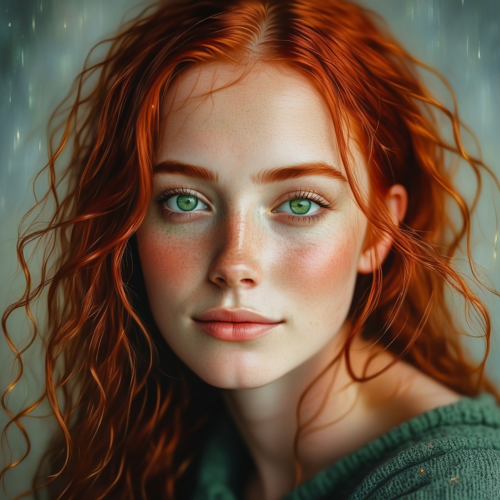 This portrait captures a stunning young woman with vibrant red hair and a sprinkling of freckles across her cheeks. Her st...
