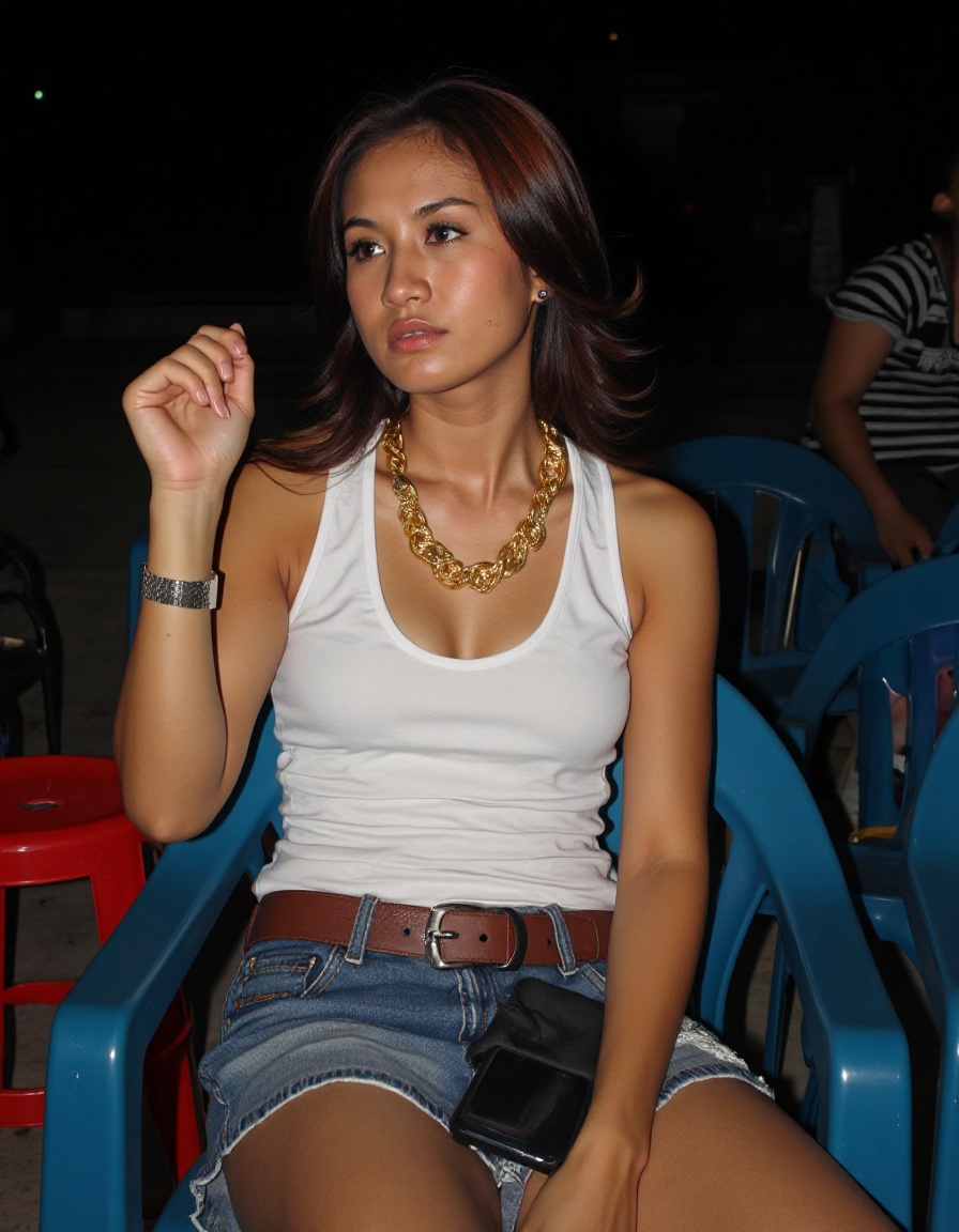 Shint4,  a young woman with long brown hair,  wearing a low cut white sleeveless dress and a gold necklace on Tensor.Art