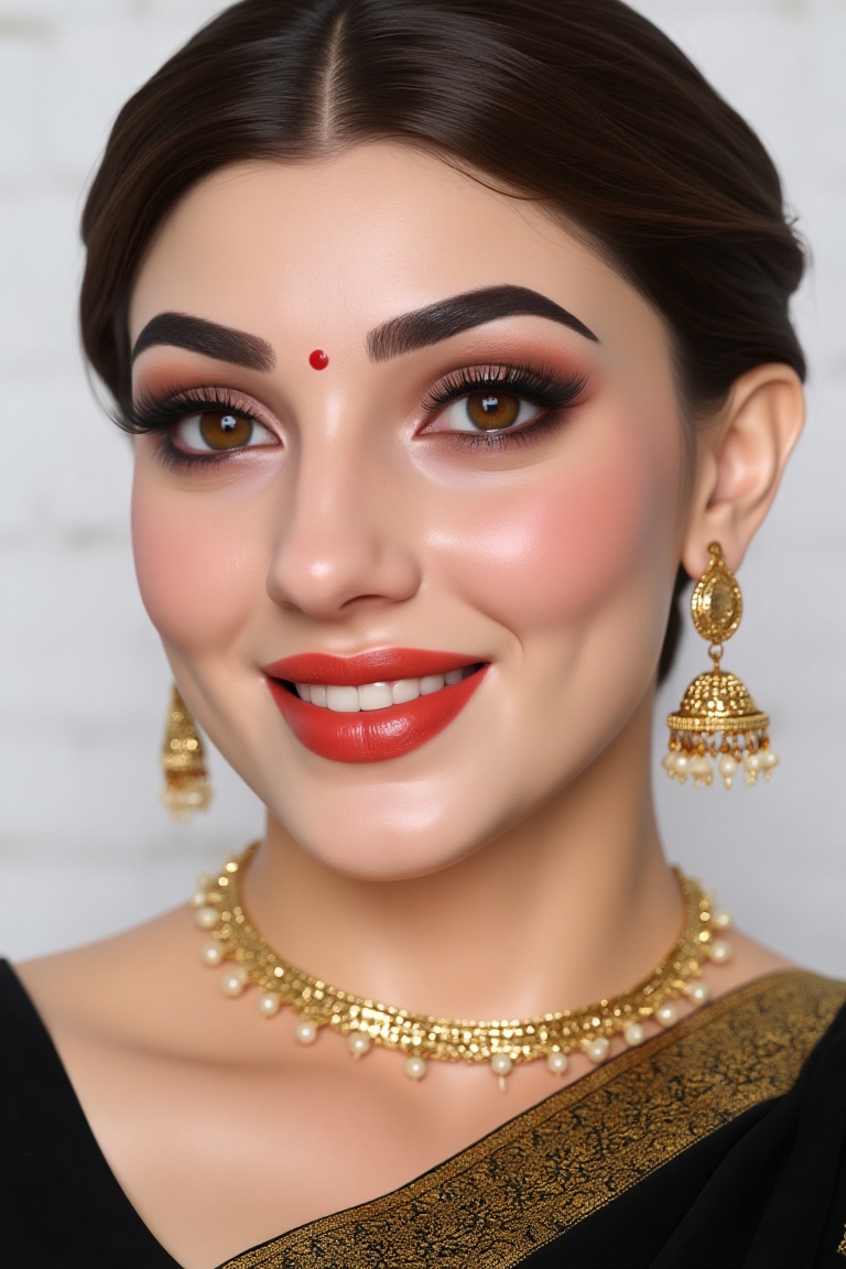 a close-up shot of a Indian woman,  adorned with a necklace and earrings. Her hair is pulled back,  cascading over her sho...