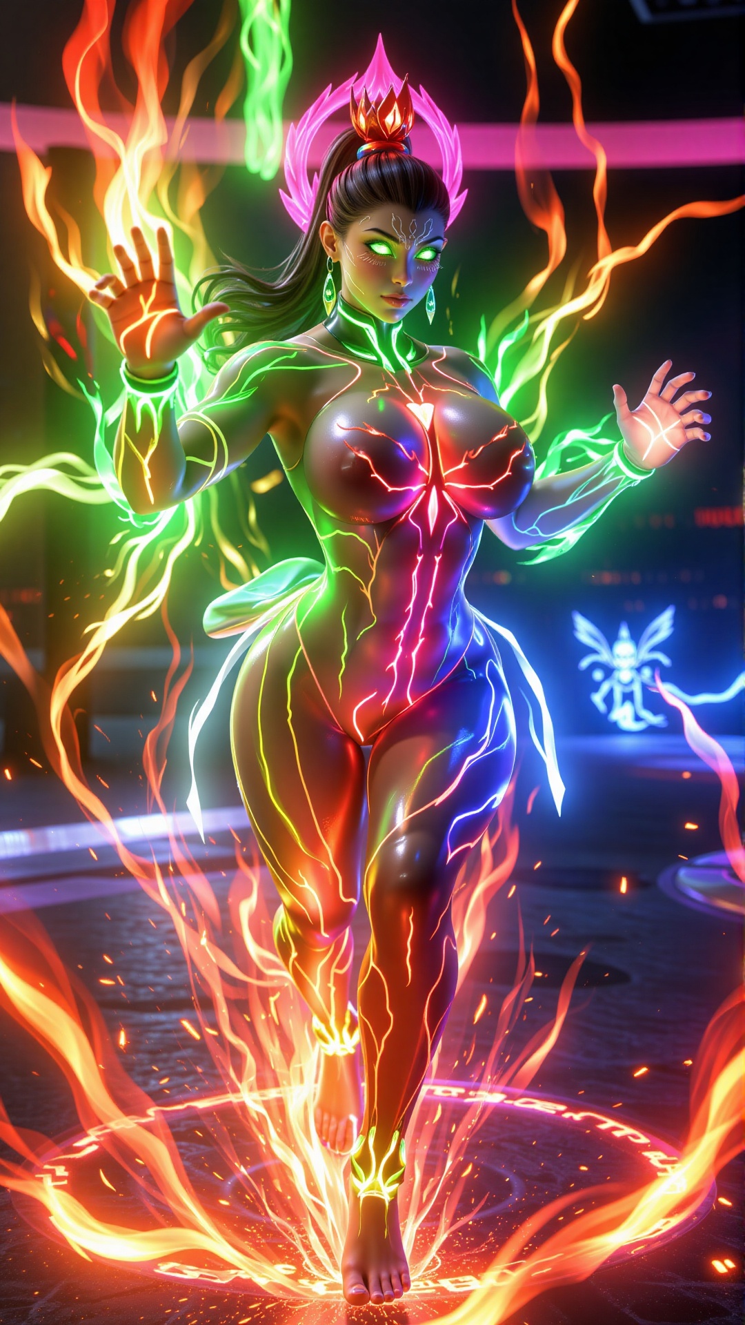 A CGI character surrounded by flowing,  glowing chakra in radiant red,  green on Tensor.Art