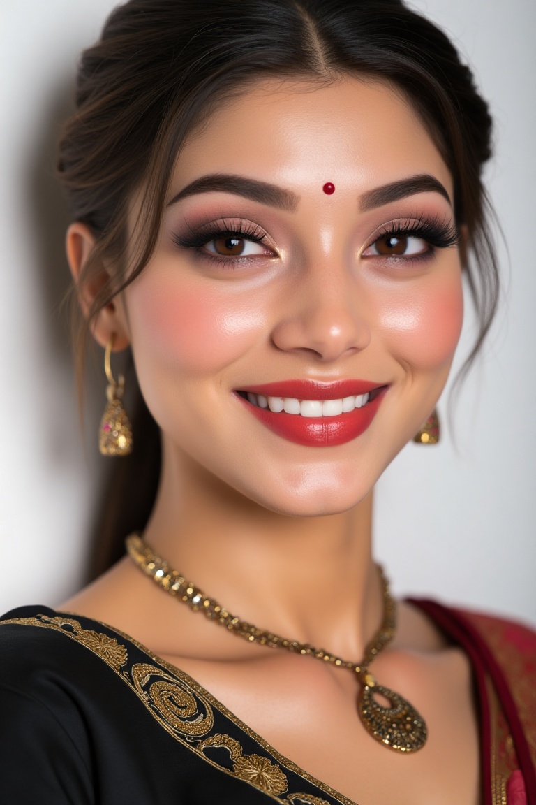 a close-up shot of a Indian woman,  adorned with a necklace and earrings. Her hair is pulled back,  cascading over her sho...