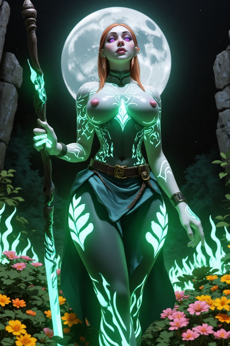 A mystical elven mage woman strides forth,  staff in hand,  her deep purple eyes radiating blissful tranquility. Glowing g...