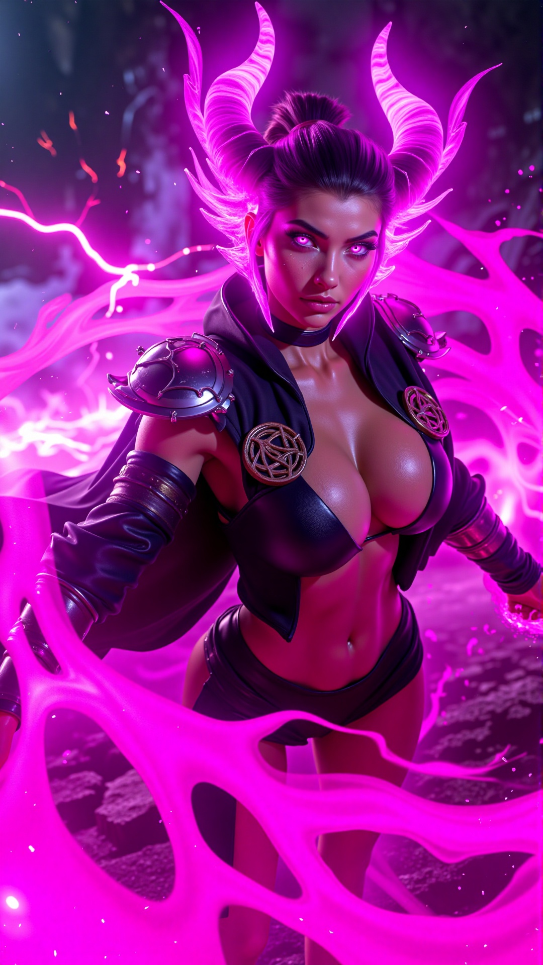 Cinematic portrait of a female demon in "sexy jutsu" form,  photorealistic detail of her face and body,  with flawless ski...
