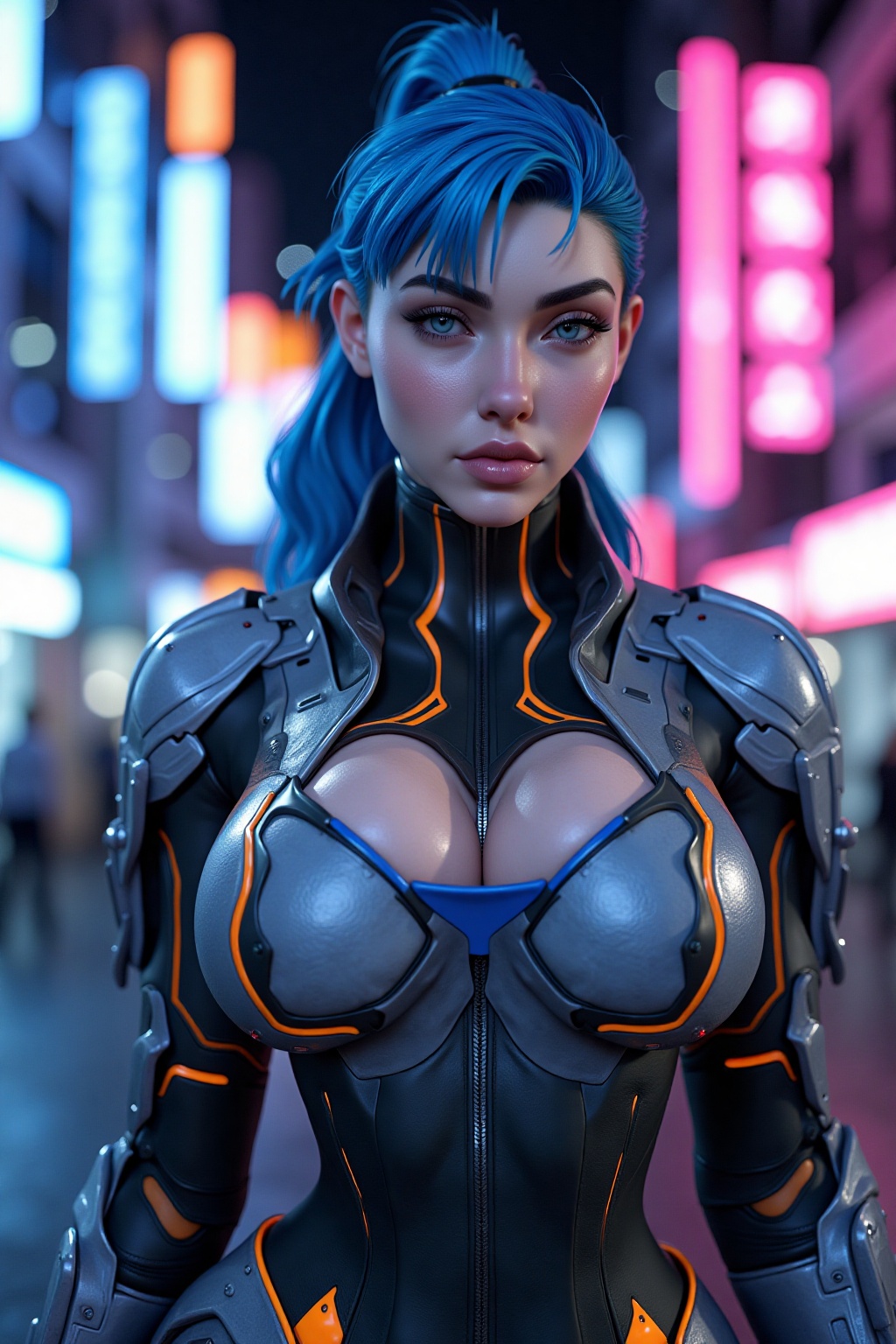 Perspective view angle with anamorphic lens,  eyes on the viewer. realistic background. female cyberpunk samurai mecha in...