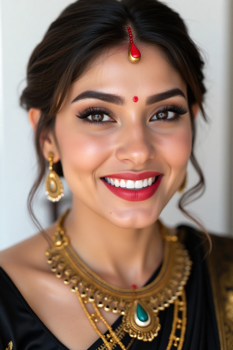 a close-up shot of a Indian woman,  adorned with a necklace and earrings. Her hair is pulled back,  cascading over her sho...